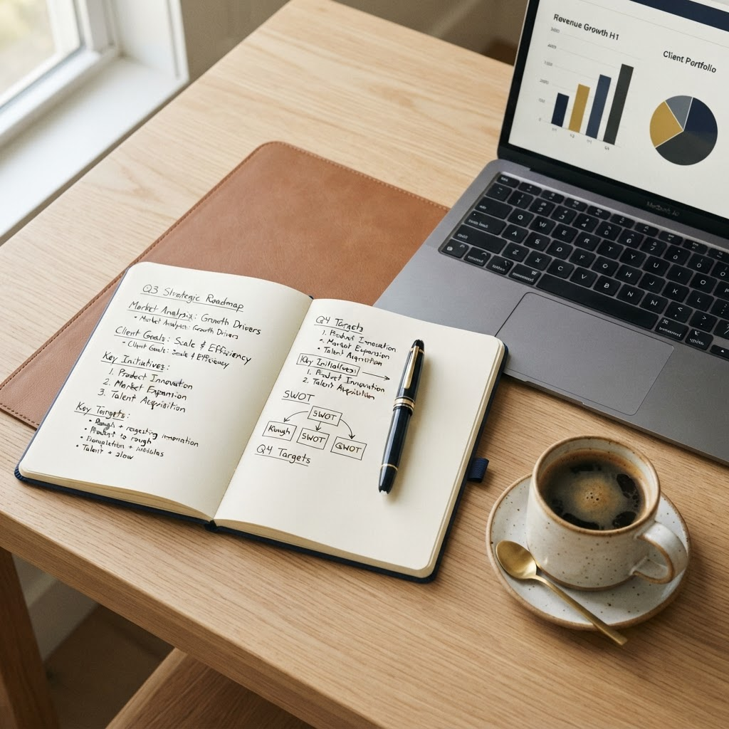 A consultant's desk with handwritten strategy notes, a pen, and a laptop showing charts